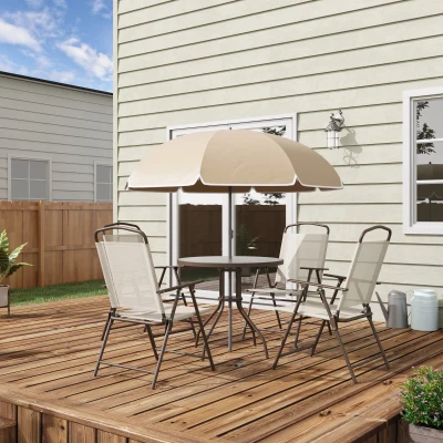 Outsunny 4 Seater Patio Furniture with Parasol, Outdoor Dining Set, Folding Chairs and Table Beige