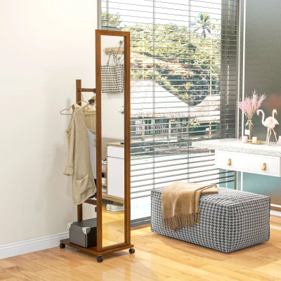 HOMCOM Espelho de Pé com Rodas Espelho de Corpo Inteiro com Barra para Pendurar Roupa e Prateleira 35,5x49,5x167,8 cm Nogueira