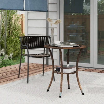 Outsunny Mesa de Vime Redonda Ø64x71 cm Mesa de Jardim com Estante e Tampo de Vidro Suporta 50 kg para Terraço Pátio Castanho