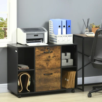 Vinsetto Armário para Impressora com Rodas e 2 Gavetas Fechadura e Prateleiras Abertas 90x3,5x68,5 cm Castanho Rústico e Preto