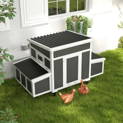 PawHut Galinheiro de Madeira 147x93,5x89,5 cm Galinheiro para Exterior com Tabuleiro Amovível Gaiola para 6 Galinhas Cinza