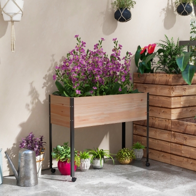 Outsunny Horta Elevada com Rodas 99x42x81 cm Horta Urbana Elevada Mesa de Cultivo com Tecido Não Tecido para Cultivo Madeira