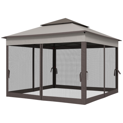 Outsunny 3.25 x 3.25m Deluxe Metal Gazebo, with Curtains - Brown and Grey