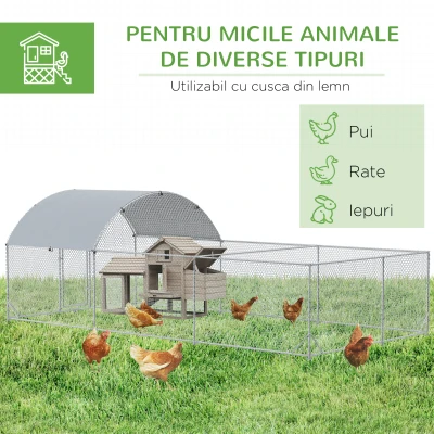 PawHut Gard de Exterior din Otel pentru Gaini 570x280cm, Cotet pentru Iepuri si Rate cu Folie de Acoperire din PE Anti-UV(m-8)