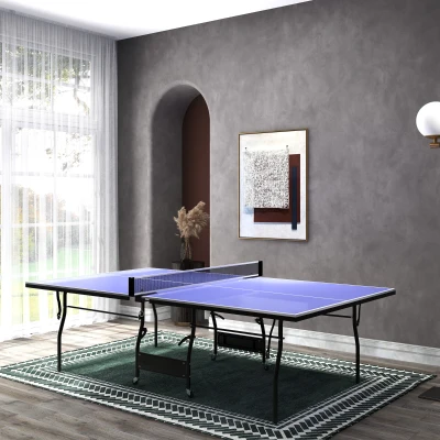SPORTNOW Mesa de Ping Pong Dobrável Profissional com Rodas Inclui 2 Raquetes e 3 Bolas para Interior 274x152,5x76 cm Azul