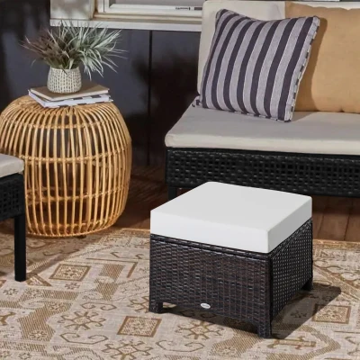 Outsunny Rattan Footstool Wicker Ottoman with Padded Seat Cushion Outdoor Patio Furniture for Garden Poolside Living Room, 50 x 50 x 35 cm, Brown