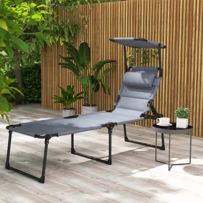 Outsunny Espreguiçadeira Dobrável Espreguiçadeira de Jardim com Toldo Ajustável para Jardim Terraço Piscina 70x200x45 cm Cinza