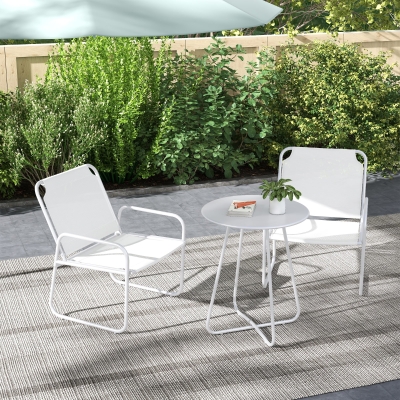 Outsunny Conjunto de Móveis de Jardim com 1 Mesa Redonda e 2 Cadeiras Estrutura de Aço e Apoio para os Braços Branco