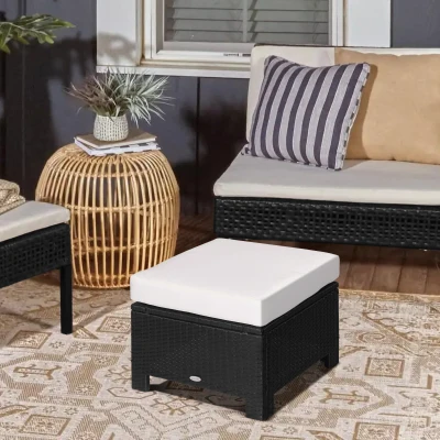 Outsunny Rattan Footstool Wicker Ottoman with Padded Seat Cushion Outdoor Patio Furniture for Garden Poolside Living Room, 50 x 50 x 35 cm, Black