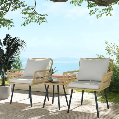 Outsunny Conjunto de Mesa e Poltronas para Jardim Exterior Jogo de 3 Peças de Vime com 2 Poltronas 1 Mesa para Terraço Natural