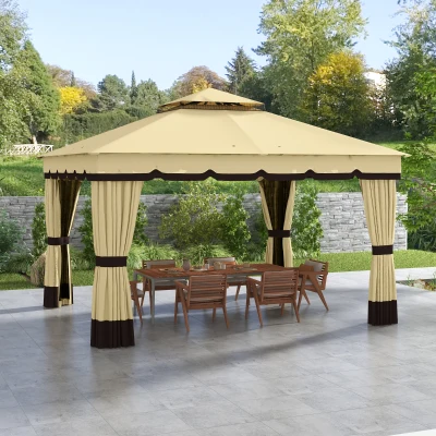 Outsunny Cenador de Jardín 370x300x275 cm con 4 Cortinas Laterales 4 Mosquiteras Doble Techo Impermeable y Anti-UV Beige