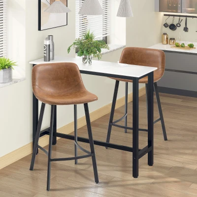 HOMCOM Bar Stools Set of 2 - Industrial Kitchen Stool, Upholstered Bar Chairs with Back, Steel Legs, Brown