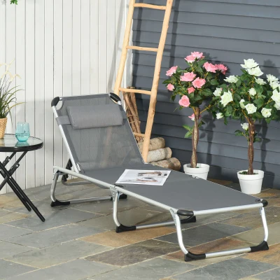 Outsunny Foldable Reclining Sun Lounger Lounge Chair Camping Bed Cot with Pillow 4-Level Adjustable Back Aluminium Frame Dark Grey