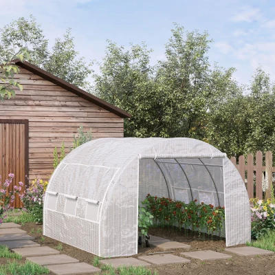Outsunny 3 x 3 x 2 m Polytunnel Greenhouse with Roll-up Side Walls, Walk-in Grow House Tent with Steel Frame, Reinforced Cover, Zipped Door, and 6 Mesh Windows for Garden, White