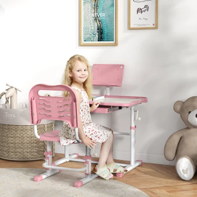ZONEKIZ Conjunto de Secretária e Cadeira para Crianças com Altura Ajustável e Ângulo da Mesa Ajustável 80x49,5x82-104 cm Rosa
