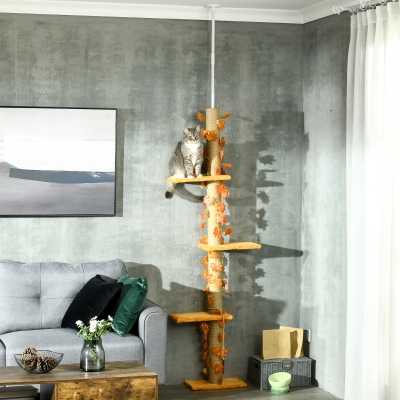 PawHut Árvore para Gatos do Chão ao Teto 37x21x202-242 cm Torre Arranhador para Gatos com Altura Ajustável 3 Plataformas Laranja