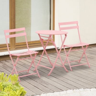 Outsunny Conjunto de Móveis de Jardim Dobráveis Conjunto de 1 Mesa Redonda e 2 Cadeiras de Varanda com Estrutura de Aço Rosa