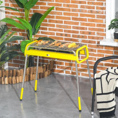Outsunny Draagbare Houtskoolbarbecue - Inklapbaar - 2 x Grillrooster - Grillplaat - Uitneembare Opvangbak - Roestvrij Staal - 85 x 43 x 72 cm - Geel