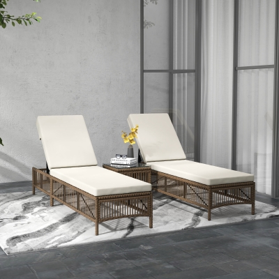Outsunny Conjunto de 2 Espreguiçadeiras de Vime Sintético com Mesa de Centro Encosto Reclinável em 5 Posições 196x54x32cm Bege