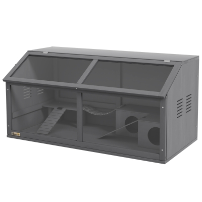 PawHut Knaagdierkooi met accessoires, sparrenhout, 100 cm x 52 cm x 50 cm, Grijs