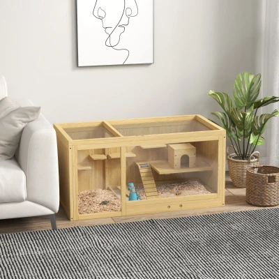 PawHut Knaagdierkooi, Sparrenhout, inclusief accessoires en drinkfles, 100 x 50 x 50 cm, Natuurlijk