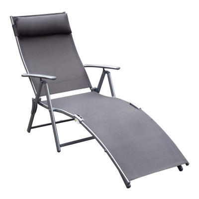 Outsunny Outdoor Recliner Sun Lounger Chair, Steel Frame Folding Chaise Lounge Chair with Headrest, 7 Levels Adjustable Backrest and Breathable Mesh Fabric, Grey