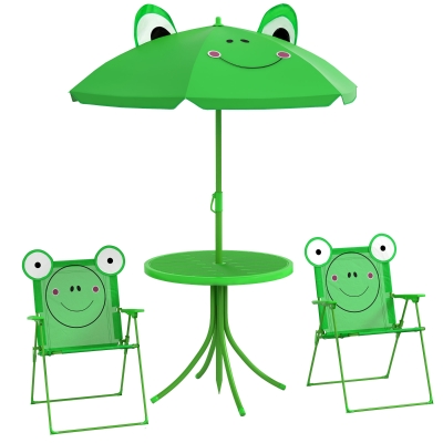 Outsunny Kids Folding Picnic Table and Chair Set Frog Pattern with Removable & Height Adjustable Sun Umbrella, Green
