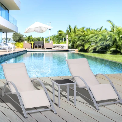 Outsunny 3 Pieces Lounge Chair Set Metal Frame Garden Outdoor Recliner Sunbathing Chair with Table, Cream