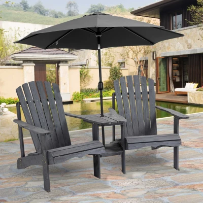 Outsunny Wooden Outdoor Double Adirondack Chairs Loveseat w/ Center Table and Umbrella Hole, Garden Patio Furniture for Lounging and Relaxing, Grey