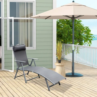 Outsunny Outdoor Recliner Sun Lounger Chair, Steel Frame Folding Chaise Lounge Chair with Headrest, 7 Levels Adjustable Backrest and Breathable Mesh Fabric, Grey