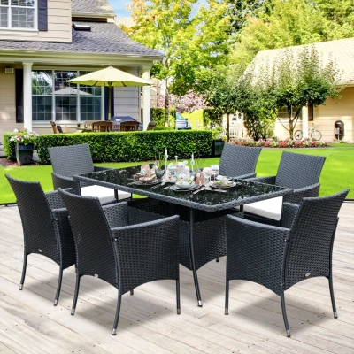 Outsunny 6 Seater Rattan Garden Furniture Dining Set, Cushion Filled Chair, Glass-top Table - Black/Cream