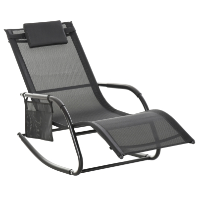 Outsunny Outdoor Garden Rocking Chair, Patio Sun Lounger Rocker Chair with Breathable Mesh Fabric, Removable Headrest Pillow, Armrest, Side Storage Bag, Black