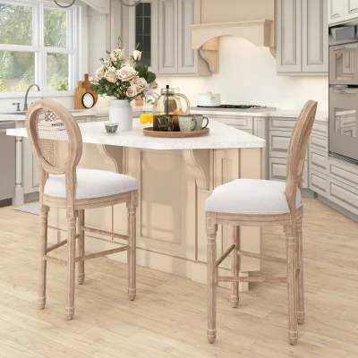 HOMCOM Chaises Bar Louis XVI Bois Sculpté Crème 2Pcs