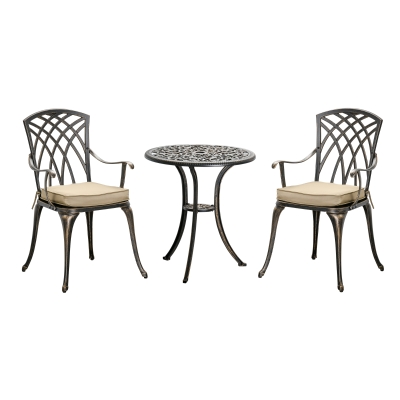 Outsunny 3 Piece Cast Aluminium Garden Bistro Set for 2 with Parasol Hole, Outdoor Coffee Table Set with Cushions - Bronze