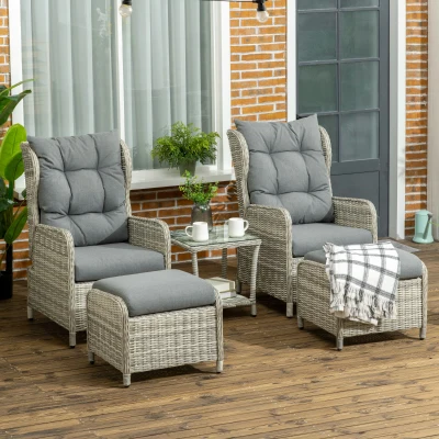 Outsunny 5 Pieces PE Rattan Garden Furniture, Outdoor Half-round Wicker Recliner Sofa Bed with Glass Top Two-tier Table and Footstools, Ready to Use, Mixed Grey
