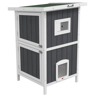 PawHut Niche pour chat extérieure maison pour chat 2 niveaux porte chatière porte à lamelles 60 x 60 x 90,5 cm gris