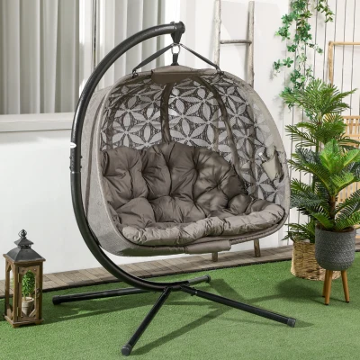 Outsunny Outdoor Double Hanging Chair, Swing Chair with Metal Stand, Thick Padded Cushion, Foldable Basket and Cup Holders, for Indoor and Outdoor, Sand Brown