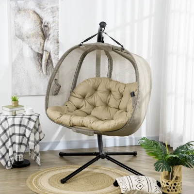 Outsunny Double Hanging Egg Chair 2 Seaters Texteline Swing Hammock Chair with Stand, Cushion and Folding Design, for Indoor and Outdoor, Brown