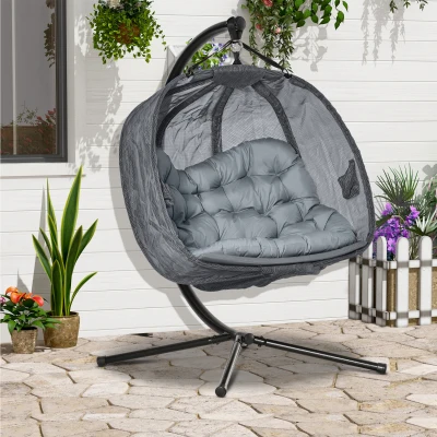 Outsunny Double Hanging Egg Chair 2 Seaters Texteline Swing Hammock Chair with Stand, Cushion and Folding Design, for Indoor and Outdoor, Grey