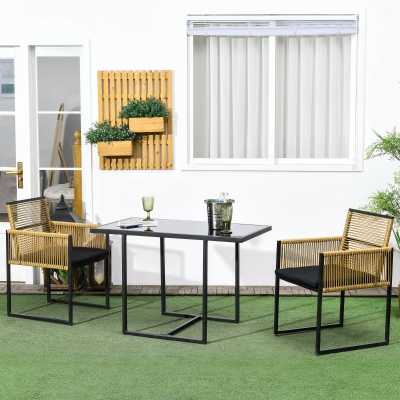 Outsunny Conjunto de 3 Peças de Jardim com 2 Cadeiras de Vime com Encosto Dobrável e Almofadas e Mesa de Vidro Natural e Preto
