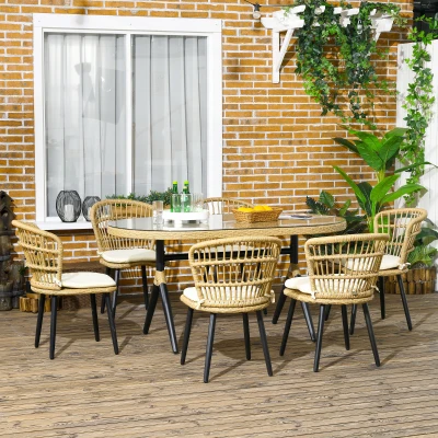 Outsunny Conjunto de Refeição de Vime Sintético de 7 Peças Inclui 6 Cadeiras com Almofadas e Mesa de Vidro Temperado Natural