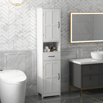 kleankin Coluna de Casa de Banho com 2 Portas 1 Gaveta Prateleira Aberta e Prateleiras Ajustáveis 40x30x164 cm Branco