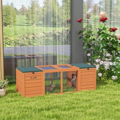 PawHut Coelheira de Madeira com 2 Ninhos 1 Porta Superior Área Aberta e Telhado de Asfalto para Exterior 140x52x46 cm Madeira