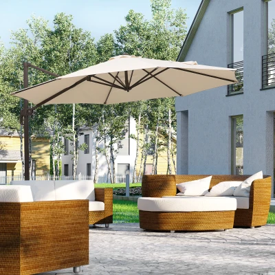 Outsunny 3M Roma Umbrella Sun Shade Cantilever Hanging Parasol w/ Cross Base Hand Crank Aluminium Frame 360° Rotation - Beige