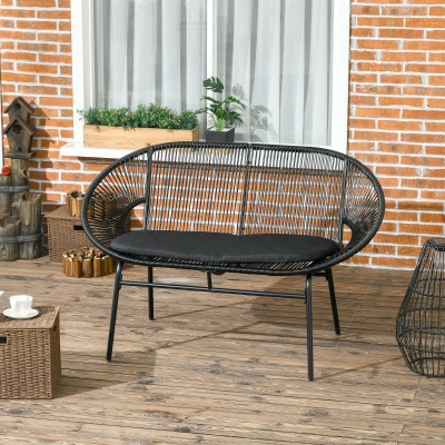 Outsunny Sofá Acapulco de 2 Lugares com Apoios de Braço Almofada e Estrutura de Aço para Jardim Terraço Pátio 132x72x83 cm Preto