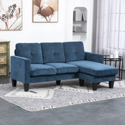 HOMCOM Sofá Chaise Longue Sofá em Forma de L Estofado em Poliéster Sofá de Canto Reversível 186x130x84 cm  Azul