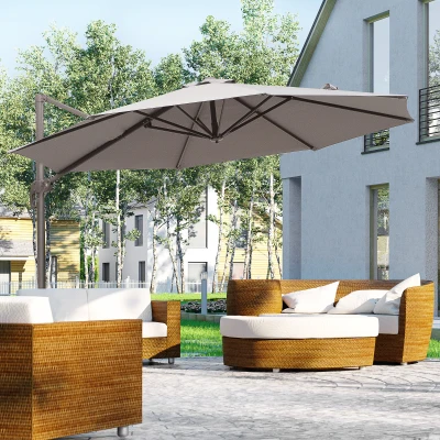 Outsunny 3m Cantilever Parasol, Rotates 360 Degrees, Hanging Parasol w/Hand Crank Aluminium Frame, Cross Base Included, Grey