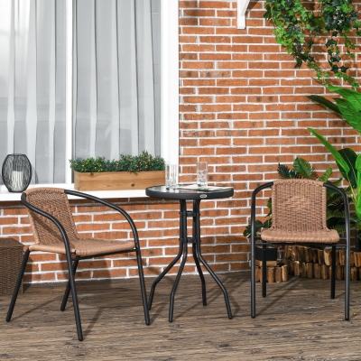 Outsunny Conjunto de 3 Peças de Vime para Jardim com 2 Cadeiras Empilháveis e 1 Mesa de Centro Redonda com Tampo de Vidro Marróm
