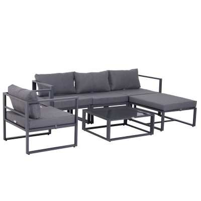 Outsunny 6 PCs Outdoor Indoor Sectional Sofa Set Thick Padded Cushions Aluminium Frame 5 Seaters 1 Coffee Table Footrest Grey