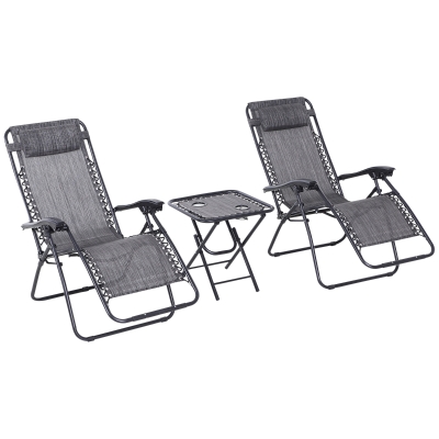 Outsunny 3pcs Folding Zero Gravity Chairs Sun Lounger Table Set w/ Cup Holders Reclining Garden Yard Pool, Light Grey